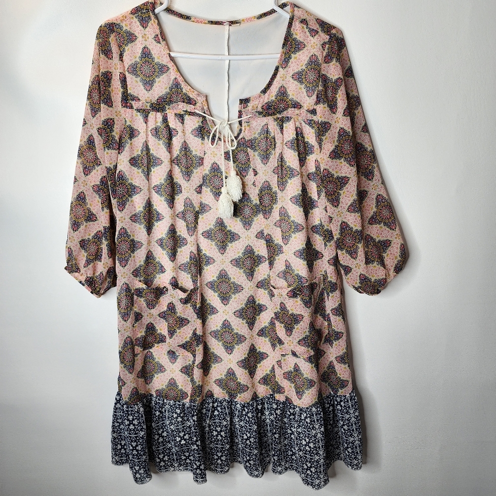 AUW Tunic Dress Boho Print Semi Sheer Lined Ruffle Hem Pink Blue Size Large